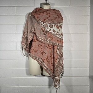 Paisley Pashmina Shawl Scarf Brown Rust Floral Fringe Wrap 28x76 Bohemian Artsy